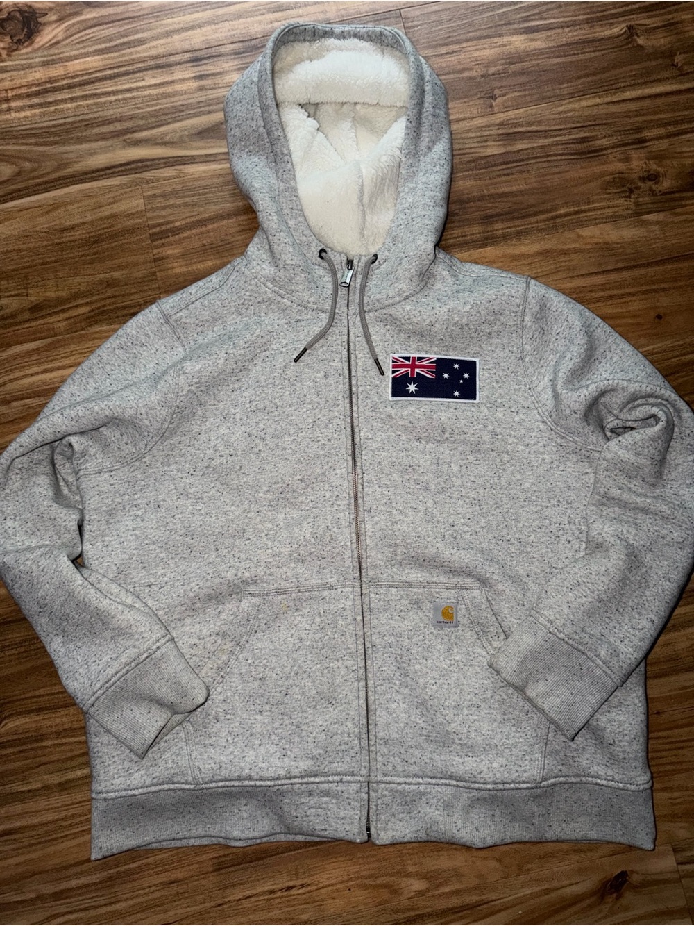 Carhartt Heather Gray Sherpa-Lined Zip Hoodie with Flag Patch